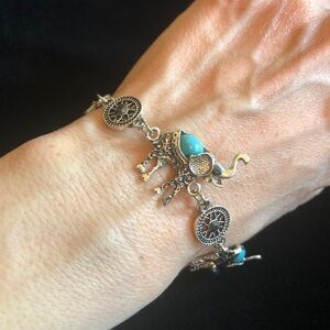 Silver and Blue Faux Turquoise Stone Elephant Bracelet